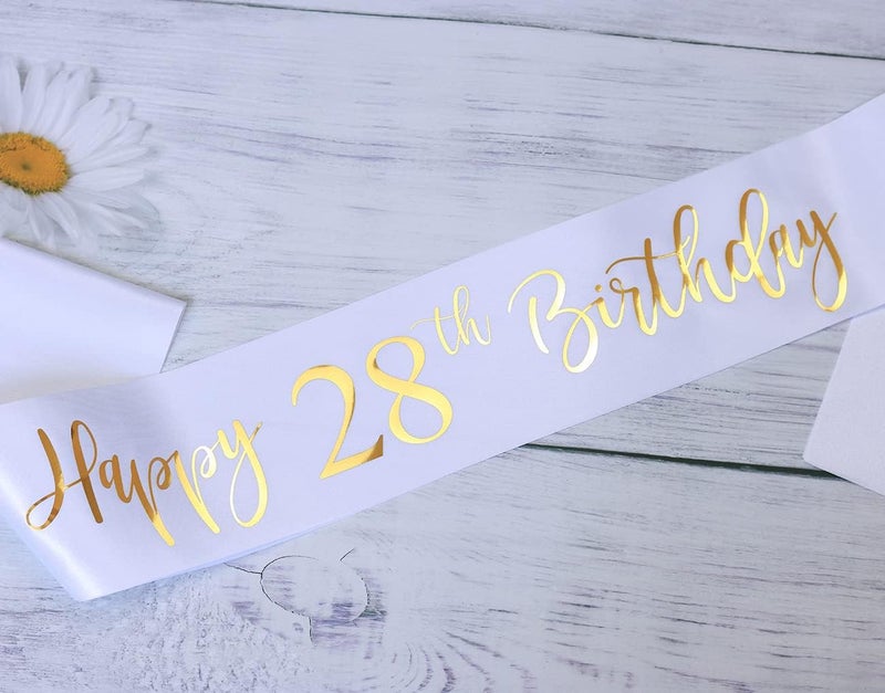 Docooniver Happy 28th Birthday Sash for Women,Men,Girls and Boys,It's my 28th Birthday Sash White with Gold Foil Lettering. - Image 2